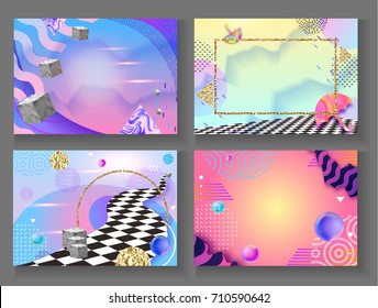 Abstract hipster color composition in trendy 90s style with umbrella, geometric shapes, frames, fluid and liguid texture, futuristic bright background, template for banner, poster, vector illustration