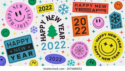 Abstract Hipster Cool Background with Stickers, Pins, Patches and Badges. Happy New Year 2022 Trendy Illustration.