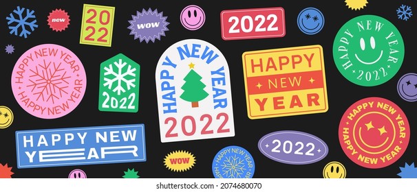 Abstract Hipster Cool Background with Stickers, Pins, Patches and Badges. Happy New Year 2022 Trendy Illustration.