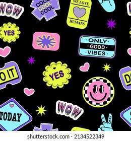 Abstract hipster cool trendy Background With Retro Stickers Vector Design.Cool trendy retro stickers with smile faces, cartoon comic label patches.Funky, hipster retrowave stickers in geometric shapes - Shutterstock ID 2134522349