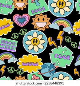Resumen Hipster fresco fondo a la moda con diseño vectorial Retro Stickers. Pegatinas retro de moda fresca con rostros solares, parches de etiquetas cómicas de dibujos animados.Cosas divertidas, pegatinas de hipster retroondas en formas geométricas