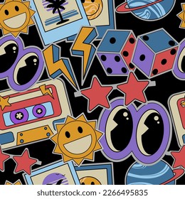 Abstract hipster cool trendy Background With Retro Stickers Vector Design. Cool trendy retro stickers with sun faces, cartoon comic label patches.Funky, hipster retrowave stickers in geometric shapes