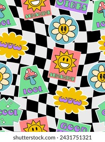 Abstract hipster cool trendy Background With Retro Stickers Vector Design.Cool trendy retro stickers with smile faces, cartoon comic label patches. Funky, hipster retrowave stickers geometric shapes