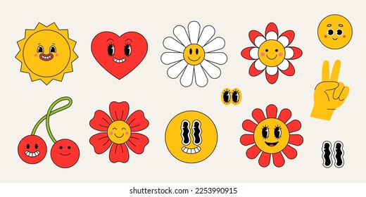 Abstract Hipster Cool Trendy emoji, Funny different characters, Retro Stickers, patches, and pins. Vector illustration in flat style
