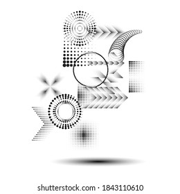 Abstrakter Hipster-Halftonpunkt-Hintergrund . Vektordesign mit gepunkteten Formen . geometrische Elemente für Visitenkarten, Broschüren. Geometrische chaotische Kreativzusammensetzung