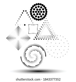 Abstrakter Hipster-Halftonpunkt-Hintergrund . Vectordesign mit gestreiften Formen. geometrische Elemente für Visitenkarten, Broschüren. Geometrische chaotische Kreativzusammensetzung