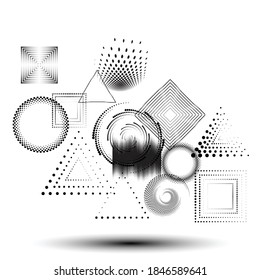 Abstract Hipster halftone dots Background . Vector Design with striped shapes . geometric elements for business cards, brochures. Geometrical chaotic creative composition