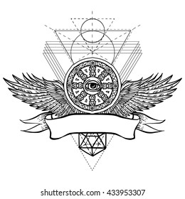 Abstract hipster illustration with design element, symbol, sign and sacral geometry. Vector emblem with a place for Your text. Decorative element for web design, print, tattoo and adult coloring book.