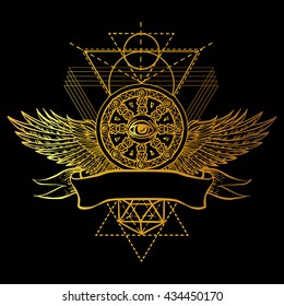 Abstract hipster illustration with design element, symbol, sign and sacral geometry. Vector emblem with a place for Your text. Decorative element for web design, print, tattoo and adult coloring book.
