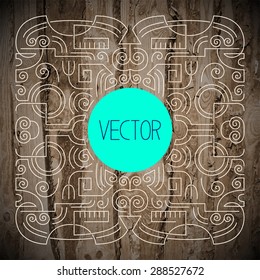abstract hipster line art frame, outline design element in trendy mono line style on old wood background, vector illustration