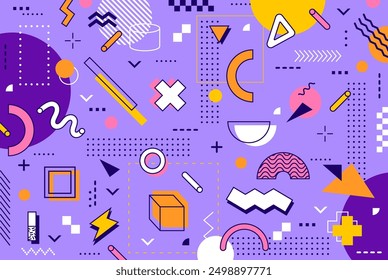 Abstract hipster Memphis background with pattern of geometric simple line shapes, vector Y2K. Modern or retro hipster Memphis pattern background of minimal geometric figures and isometric elements