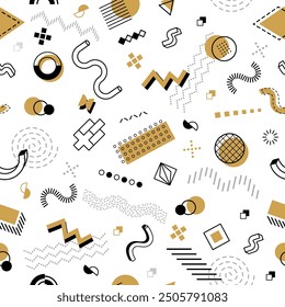 Abstract hipster Memphis seamless pattern with geometric shapes in black, white, gold colors. Vector tile background for wallpaper or textile print, reminiscent of retro-modern playful 80s aesthetics