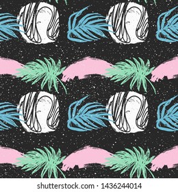 Abstract Hipster Pattern with Palm Leaves and Brush Strokes .