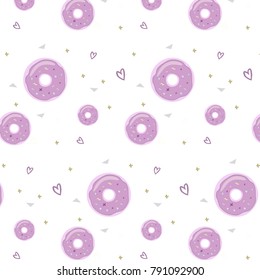 Abstract hipster pattern St Valentina's day on white background with pink donut and purple heart and yellow cross