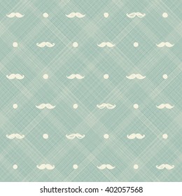 Abstract hipster seamless  pattern on turquoise texture background. Vector hand drawn of polka dots and mustache