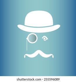 Abstract hipster silhouette with bowler hat, monocle, mustache.