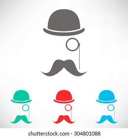 Abstract hipster silhouette with bowler hat, monocle, mustache. Set of varicolored icons.
