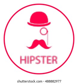 Abstract hipster silhouette with bowler hat, monocle, mustache - halftone logo