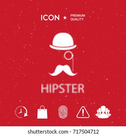 Abstract hipster silhouette with bowler hat, monocle, mustache - halftone logo