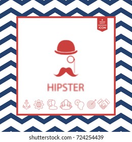 Abstract hipster silhouette with bowler hat, monocle, mustache - halftone logo