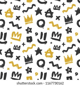 Abstract hipster squiggle and crown tags hand drawn vector seamless pattern. Graffiti style vector background for print fabric and textile design. Street art seamless pattern