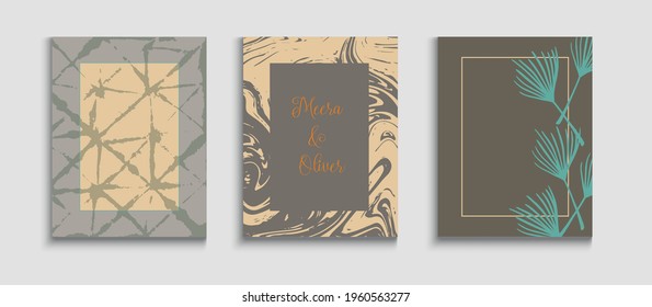 Abstract Hipster Vector Banner Set. Geometric Border Texture. Soft Leaves Invitation Template. Japanese Style Invitation. Tie-Dye, Tropical Leaves Covers. Hand Drawn Asian Background.