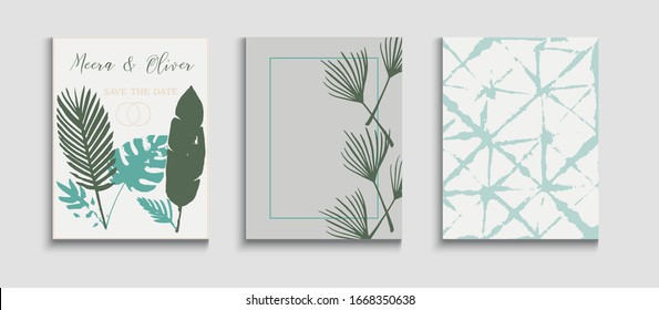 Abstract Hipster Vector Banners Set. Soft Olive Leaves Magazine Design. Geometric Border Pattern. Tie-Dye, Tropical Leaves Posters. Japanese Style Invitation. Hand Drawn Elegant Background.