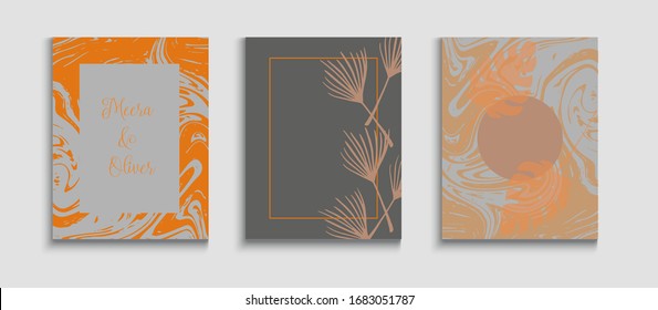 Abstract Hipster Vector Banners Set. Geometric Frame Pattern. Soft Monstera Leaves Magazine Layout. Oriental Style Invitation. Hand Drawn Trendy Background. Tie-Dye, Tropical Leaves Flyers.