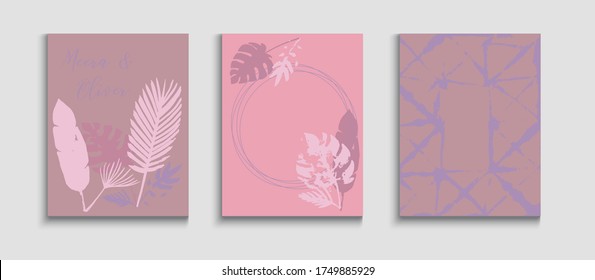 Abstract Hipster Vector Banners Set. Tie-Dye, Tropical Leaves Covers. Hand Drawn Elegant Background. Oriental Style Invitation. Geometric Frame Texture. Soft Olive Leaves Magazine Layout.