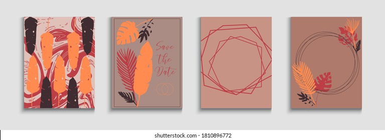 Abstract Hipster Vector Banners Set. Tie-Dye, Tropical Leaves Flyers. Geometric Frame Texture. Hand Drawn Elegant Background. Oriental Style Invitation. Simple Banana Leaves Magazine Layout.