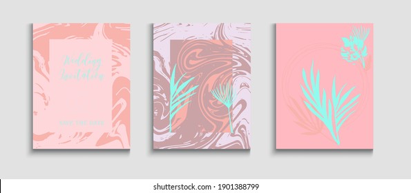 Abstract Hipster Vector Banners Set. Hand Drawn Asian Background. Geometric Frame Pattern. Tie-Dye, Tropical Leaves Flyers. Minimal Olive Leaves Invitation Layout. Oriental Style Invitation.