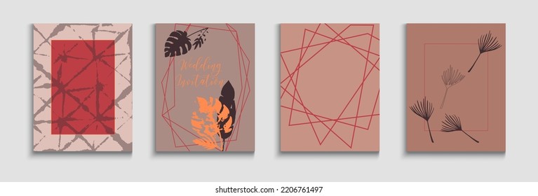 Abstract Hipster Vector Banners Set. Tie-Dye, Tropical Leaves Flyers. Hand Drawn Asian Background. Geometric Border Pattern. Japanese Style Invitation. Minimal Monstera Leaves Invitation Template.