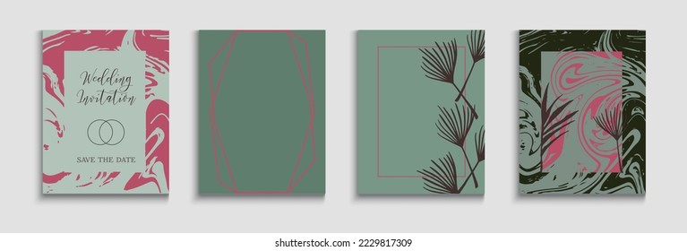 Abstract Hipster Vector Banners Set. Japanese Style Invitation. Cool Monstera Leaves Invitation Layout. Tie-Dye, Tropical Leaves Cards. Geometric Frame Pattern. Hand Drawn Vintage Background.