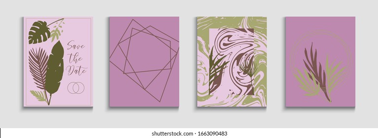 Abstract Hipster Vector Cards Set. Hand Drawn Retro Background. Oriental Style Invitation. Geometric Frame Texture. Tie-Dye, Tropical Leaves Banners. Simple Banana Leaves Invitation Design.