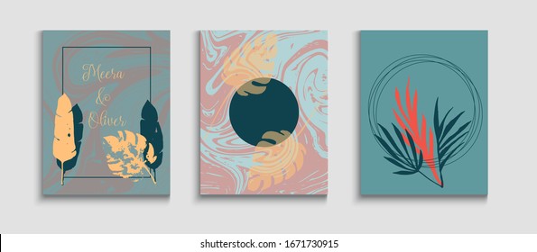 Abstract Hipster Vector Cards Set. Minimal Banana Leaves Magazine Design. Hand Drawn Trendy Background. Geometric Frame Texture. Oriental Style Invitation. Tie-Dye, Tropical Leaves Banners.