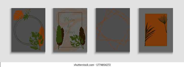 Abstract Hipster Vector Cards Set. Tie-Dye, Tropical Leaves Covers. Oriental Style Invitation. Hand Drawn Vintage Background. Minimal Olive Leaves Magazine Template. Geometric Border Texture.