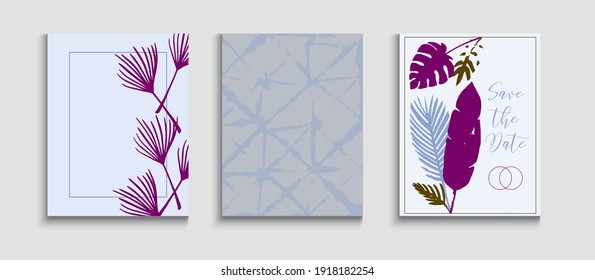 Resumen de las Tarjetas Vectoras Hipster Set. Textura de borde geométrico. Antecedentes Retro Dibujados A Mano. El Oleícola Fresco Deja El Diseño De Invitación. Tejido, Volantes De Hojas Tropicales. Invitación al estilo oriental.