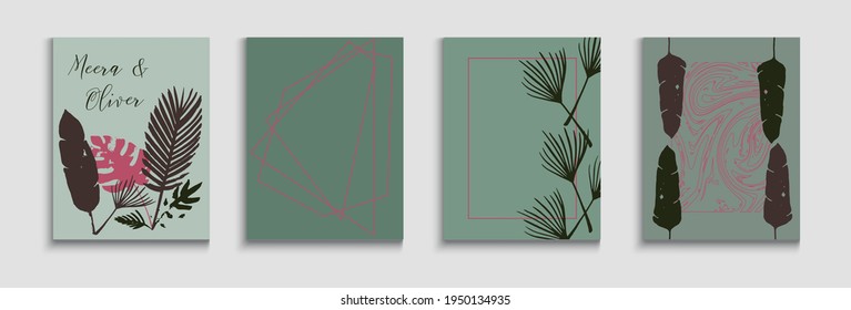 Abstract Hipster Vector Cards Set. Tie-Dye, Tropical Leaves Posters. Oriental Style Invitation. Geometric Border Texture. Simple Banana Leaves Magazine Design. Hand Drawn Retro Background.