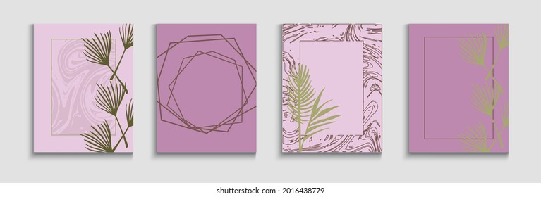 Abstract Hipster Vector Cards Set. Tie-Dye, Tropical Leaves Banners. Japanese Style Invitation. Cool Monstera Leaves Magazine Layout. Hand Drawn Retro Background. Geometric Border Texture.