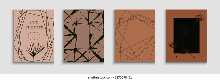 Abstract Hipster Vector Cards Set. Japanese Style Invitation. Soft Monstera Leaves Invitation Layout. Hand Drawn Vintage Background. Geometric Border Texture. Tie-Dye, Tropical Leaves Covers.