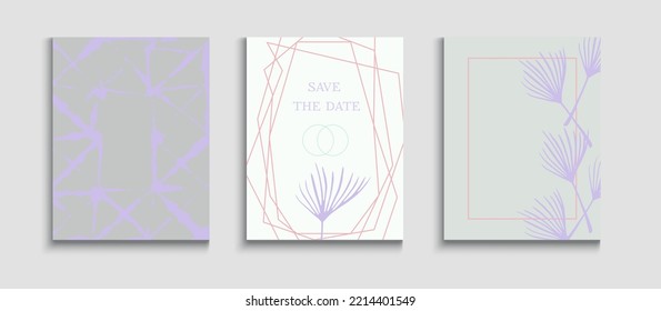 Resumen de las Tarjetas Vectoras Hipster Set. Colas, pancartas de hojas tropicales. Patrón de marco geométrico. Invitación al estilo japonés. El simple plátano deja plantilla de invitación. Antecedentes Retro Dibujados A Mano.
