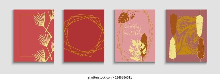 Abstract Hipster Vector Cards Set. Oriental Style Invitation. Geometric Frame Pattern. Hand Drawn Vintage Background. Tie-Dye, Tropical Leaves Flyers. Minimal Monstera Leaves Invitation Layout.
