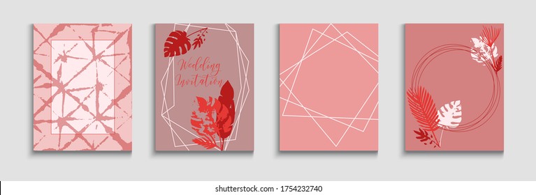 Abstrakter Hipster Vector Covers Set. Cool Olive Leaves Magazine Design. Handgezeichnet Eleganter Hintergrund. Geometrisches Grenzmuster. Tie-Dye, Tropenholzbanner. Einladung im orientalischen Stil.