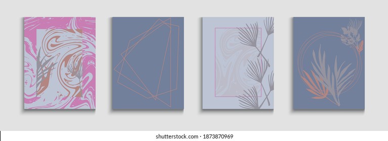 Abstract Hipster Vector Covers Set. Tie-Dye, Tropical Leaves Posters. Geometric Frame Pattern. Noble Monstera Leaves Invitation Layout. Hand Drawn Retro Background. Oriental Style Invitation.