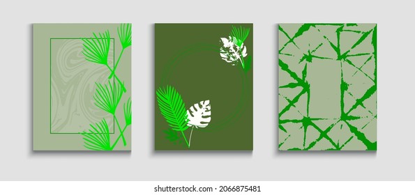 Abstract Hipster Vector Covers Set. Hand Drawn Elegant Background. Simple Monstera Leaves Invitation Layout. Oriental Style Invitation. Geometric Border Texture. Tie-Dye, Tropical Leaves Cards.