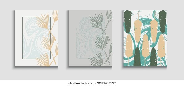 Abstract Hipster Vector Covers Set. Cool Olive Leaves Invitation Template. Tie-Dye, Tropical Leaves Banners. Hand Drawn Retro Background. Japanese Style Invitation. Geometric Border Pattern.