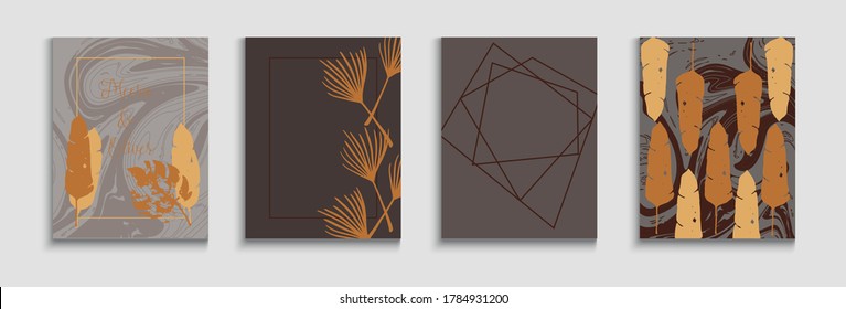 Abstract Hipster Vector Flyers Set. Simple Olive Leaves Invitation Design. Geometric Frame Pattern. Tie-Dye, Tropical Leaves Cards. Oriental Style Invitation. Hand Drawn Vintage Background.