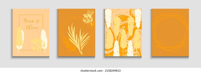 Abstract Hipster Vector Flyers Set. Hand Drawn Asian Background. Tie-Dye, Tropical Leaves Covers. Cool Monstera Leaves Magazine Template. Oriental Style Invitation. Geometric Border Texture.