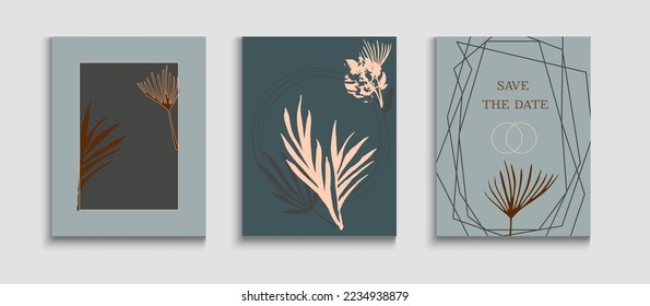 Abstract Hipster Vector Flyers Set. Tie-Dye, Tropical Leaves Covers. Geometric Border Texture. Oriental Style Invitation. Minimal Banana Leaves Magazine Template. Hand Drawn Asian Background.