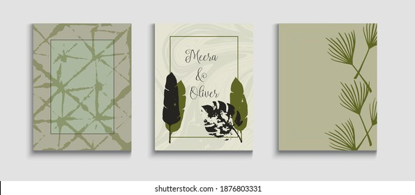 Abstrakter Hipster Vektor Posters Set. Noble Monstera hinterlässt das Einladungs-Layout. Geometrisches Grenzmuster. handgezeichneter Vintage-Hintergrund. Einladung nach japanischem Stil. Tie-Dye, tropische Blätter bedecken.